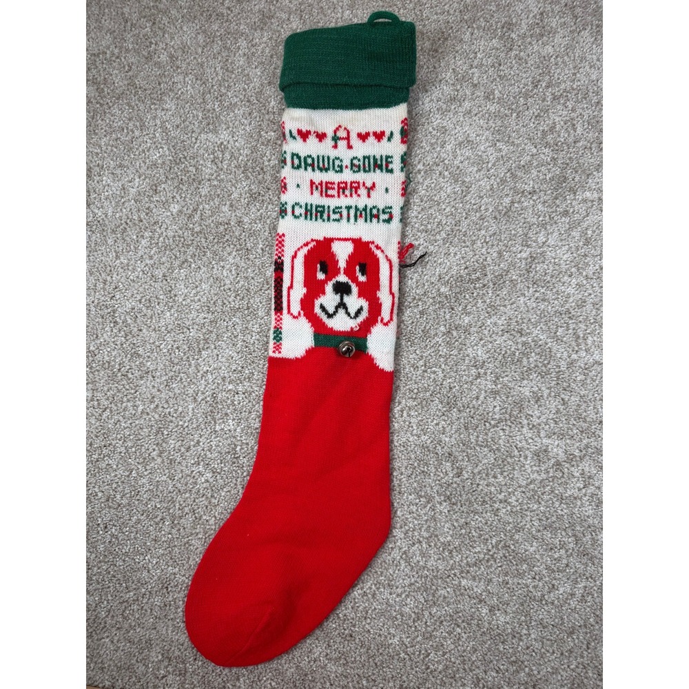 Vintage Dawg-Gone Merry Christmas Dog Knit Stocking Red‎ Green Jingle Bell 22in